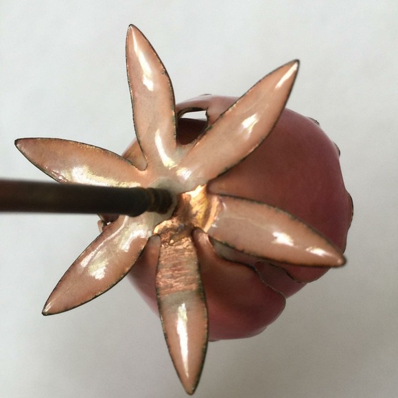 Enameled Copper Metal Rose Flower Sculpture Figurine on Quartz Rock Crystal Base - Picture 4 of 12